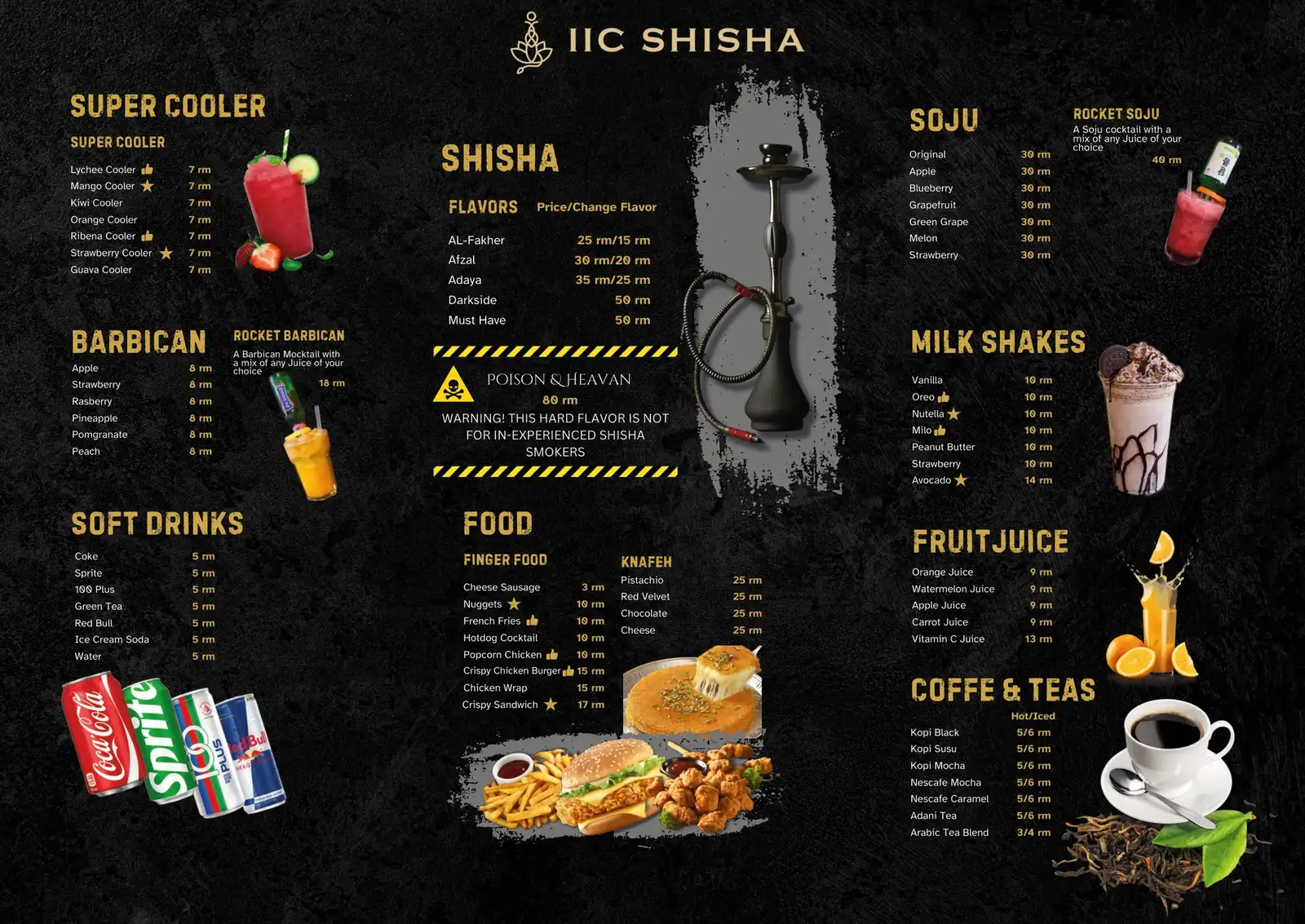 Menu bercetak IIC Shisha tahun 2024: shisha, super cooler, Barbican, soju, milkshake, jus segar, minuman ringan, kopi dan teh, makanan ringan dan knafeh, dengan harga dalam RM.